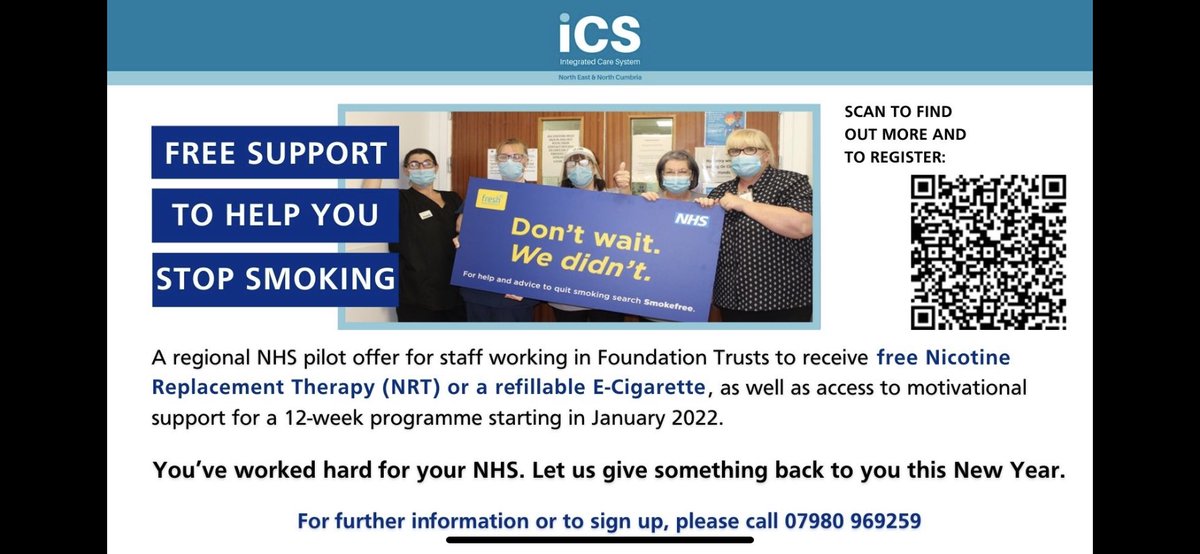 Plse take some time this week to find someone who could be helped by this… Colleagues working in Foundation Trusts in NENC, who smoke, are eligible to apply for quit support, including 3mo free nicotine replacement or 3mo e-cigarettes. You could help to save a life this Xmas 🌟