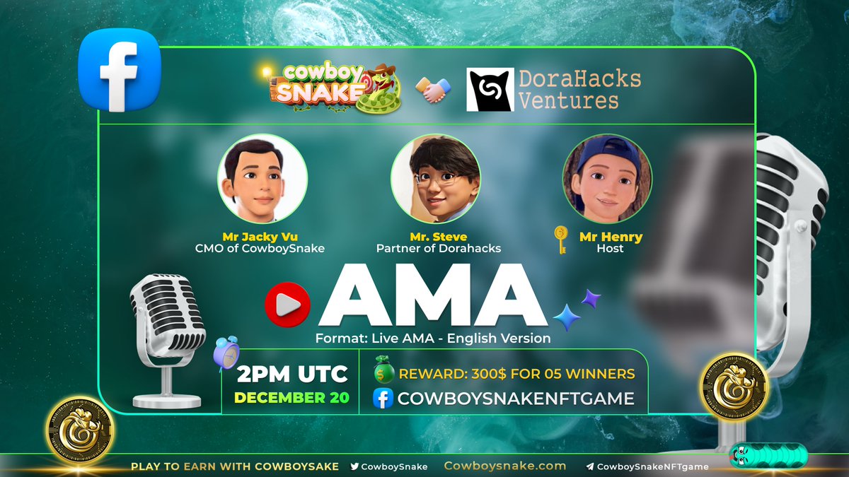 CowboySnake's tweet photo. [AMA] Cowboy Snake <> DoraHacks Ventures

⏰ Time: 2PM, December 20th, 2021 UTC
🏠 Place: https://t.co/KoRJxrkZiI

🗣Speakers: 
➖Mr. Jacky Vu - CMO of Cowboy Snake
➖Mr. Steve - Partners of DoraHacks
➖AMA Host: Mr.Henry

🎁 Reward: 300$ for 5 winners https://t.co/e7IE2iPFiP