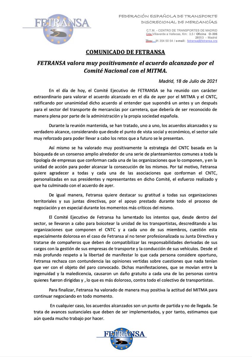 .<a href="/fetransa/">Fetransa</a> valora muy positivamente el acuerdo alcanzado por el Comité Nacional con el @mitmagob 
#transporte <a href="/cadesum/">Cadena de Suministro</a> <a href="/autonomosenruta/">Autónomos En Ruta</a> <a href="/Diariodetransp2/">@Diariodetransporte</a> <a href="/diarioAyE/">Autónomos y Emprendedor.es</a> <a href="/diariodelpuerto/">Diario del Puerto</a> <a href="/rutatransporte/">Ruta del Transporte</a> <a href="/diarioelcanal/">El Canal Marítimo y Logístico</a> <a href="/ElMercantilcom/">El Mercantil</a> <a href="/puertos_y/">PUERTOS Y MÁS</a>