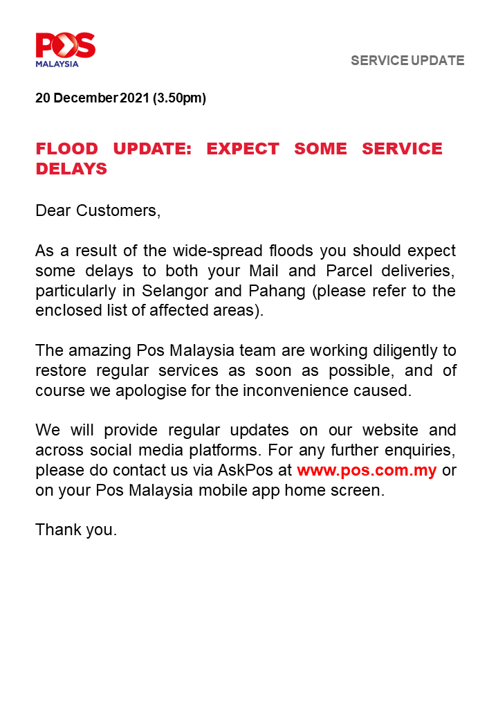 posmalaysia's tweet photo. [SERVICE UPDATE]

FLOOD UPDATE: EXPECT SOME SERVICE DELAYS

For more info: https://t.co/27vdyt357g

#PosMalaysia #banjir #flood #flashflood https://t.co/FNVd68fcEu