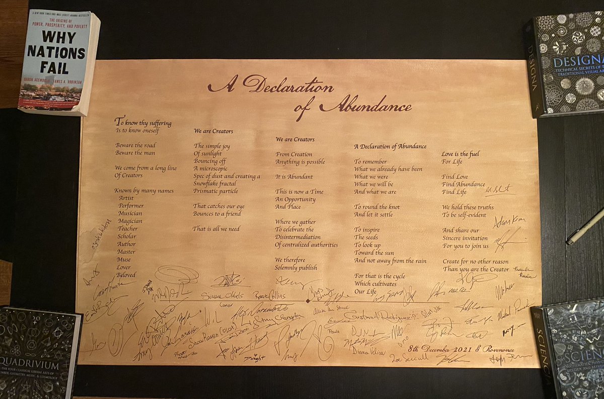 willobrien's tweet photo. The Declaration of Abundance is alive and well, surrounded by good books.
Since 12/8 in 🇵🇷, she has welcomed a few more signatures and is in safe keeping until the next signer is ready.
#provenonce #abundance #metaverse @NFTOasis https://t.co/RyyTKgUkuo