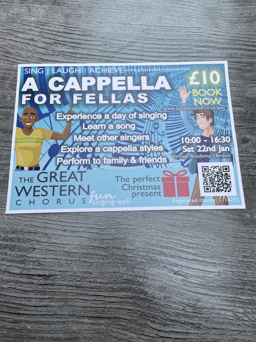 GWCBristol's tweet photo. A wonderful #Christmas Gift for the man in your life! Live near #bristol or #southglos? Is he interested in singing? How about a day exploring #acappella with @GWCBristol on 22 Jan 22. Scan the QR or contact@greatwesternchorus.com to find out more. https://t.co/5Q9db93cYe