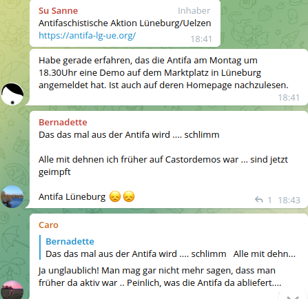 In #Lüneburg gibt es heute eine antifaschistische Kundgebung (18:30 – Marktplatz) gegen menschenfeindliche Aufmärsche. Schwurbler*innen haben das mitbekommen und üben sich auf Telegram in Vergangenheitsbewältigung. 
Hier der Aufruf: antifa-lg-ue.org/2021/12/14/lae…