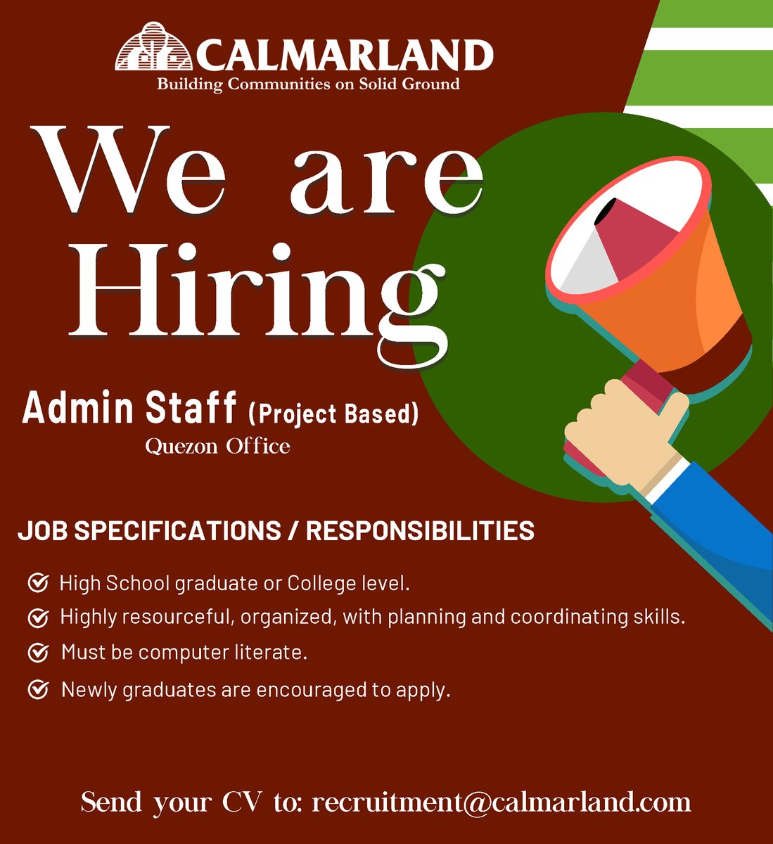 calmarofficial's tweet photo. Be part of Calmar Land! 

We are in need of the following:

Admin Staff (Quezon Office)
Compensation and Benefits Associate (Quezon Office)

Send your CV to recruitment@calmarland.com

#CalmarLand
#Careers https://t.co/Io68RpH5qH