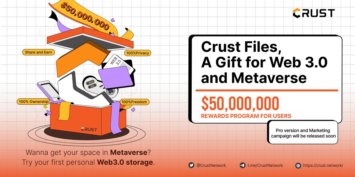🤑Want your space in the #Metaverse and win $50,000,000 rewards?

RT + Like to join the lucky draw of Crust Files Pro accounts (worth 5 $CRU)!

🥳Crust Files (files.crustapps.net), a gift for #Web3 and #Metaverse users! Store your data for free.
Step into the new era of Web3!