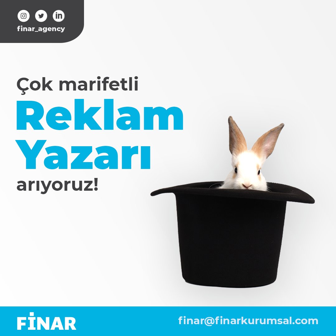 ➡ Reklam Yazarı arıyoruz.

• Adayların portfolyolarıyla birlikte pozisyon referansını belirterek başvurmaları rica olunur.

✉️ finar@finarkurumsal.com

➡ Linkedln üzerinden başvurmak için:

linkedin.com/hiring/jobs/28…