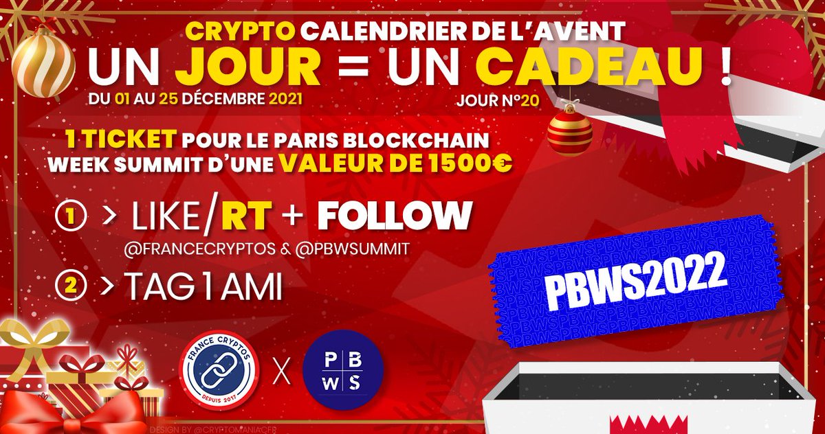 #CRYPTOCALENDRIER 🎄 20/25

Aujourd'hui gagnez 1 Ticket Gold pour le @PBWSummit d'une valeur de 1500€ ⚡️

Pour participer :

👉 Follow <a href="/FranceCryptos/">France Cryptos 🔗</a> &amp; @PBWSummit
👉 Likez &amp; Retweetez
👉 @ un ami !

⏳ TAS le 26/12 !

Bonne chance à tous ! 🍀 #Concours 🎁 #Noël