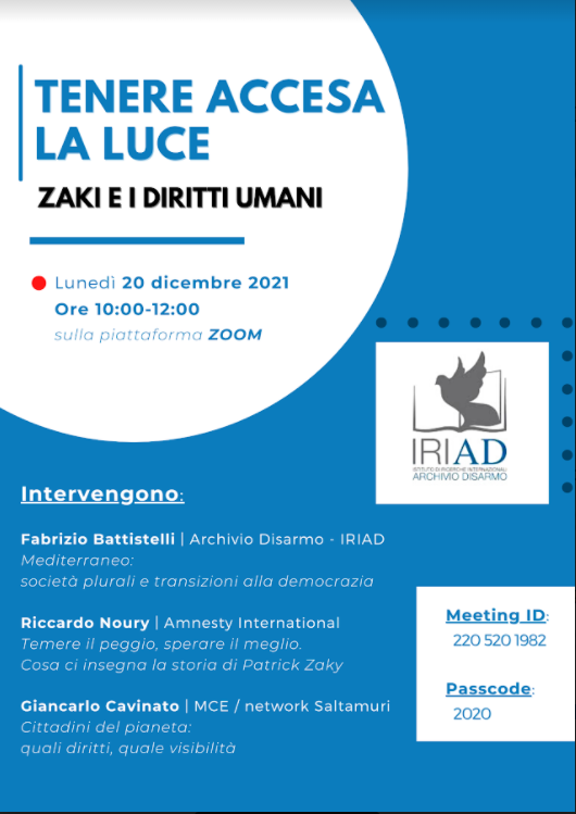ArchivioDisarmo's tweet photo. 🎙️🎙️🎙️ Oggi, dalle ore 10 alle ore 12, il nostro video-evento dedicato alla vicenda di #patrickzaki. 
Interverranno @RiccardoNoury di @amnesty e Giancarlo Cavinato di @MCE_Italia. 
Vi aspettiamo!

Indirizzo e password nella locandina ⬇️⬇️⬇️ https://t.co/VZTkWehLdD