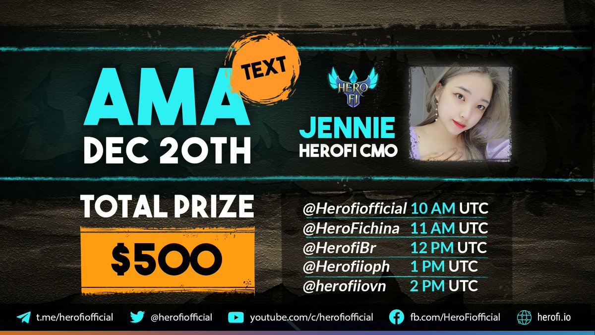 HeroFiio's tweet photo. 🔥AMA With HeroFi !

⚡️ 20 Dec, 500$ Total prize

▶️ Guest: Jennie | HeroFi CMO

Ask AMA Question on Twitter &amp; Telegram

▶️ Telegram Winners: Users can ask questions on our Telegram group during live AMA

- 100$ / Community / 5 best questions

Stay tuned 👀

#HeroFi #GameFi https://t.co/q7cryPznCv