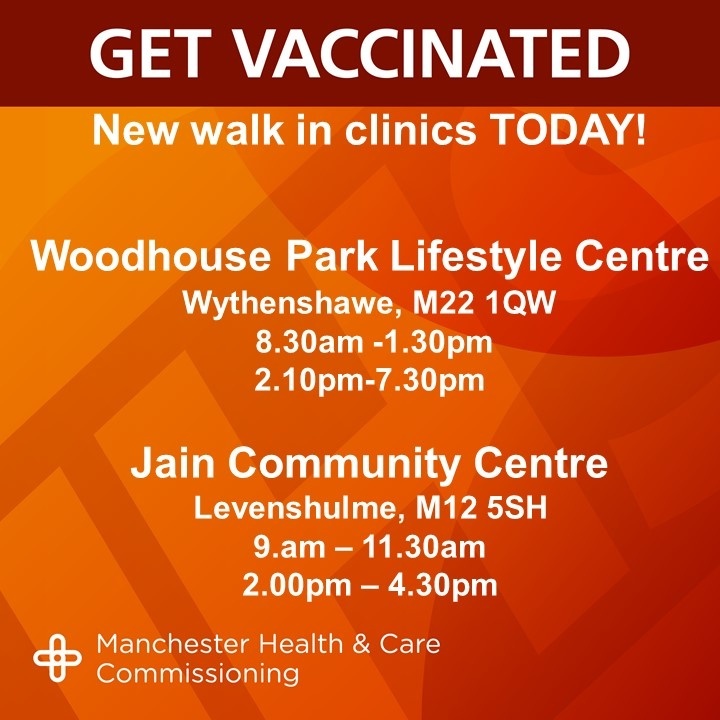 ManchesterICP's tweet photo. New walk in Covid Vaccination Clinics for today in #Manchester
💉 1st, 2nd and Covid Boosters available💉 
#Letsgetboosted# https://t.co/qN4fAm9VzH