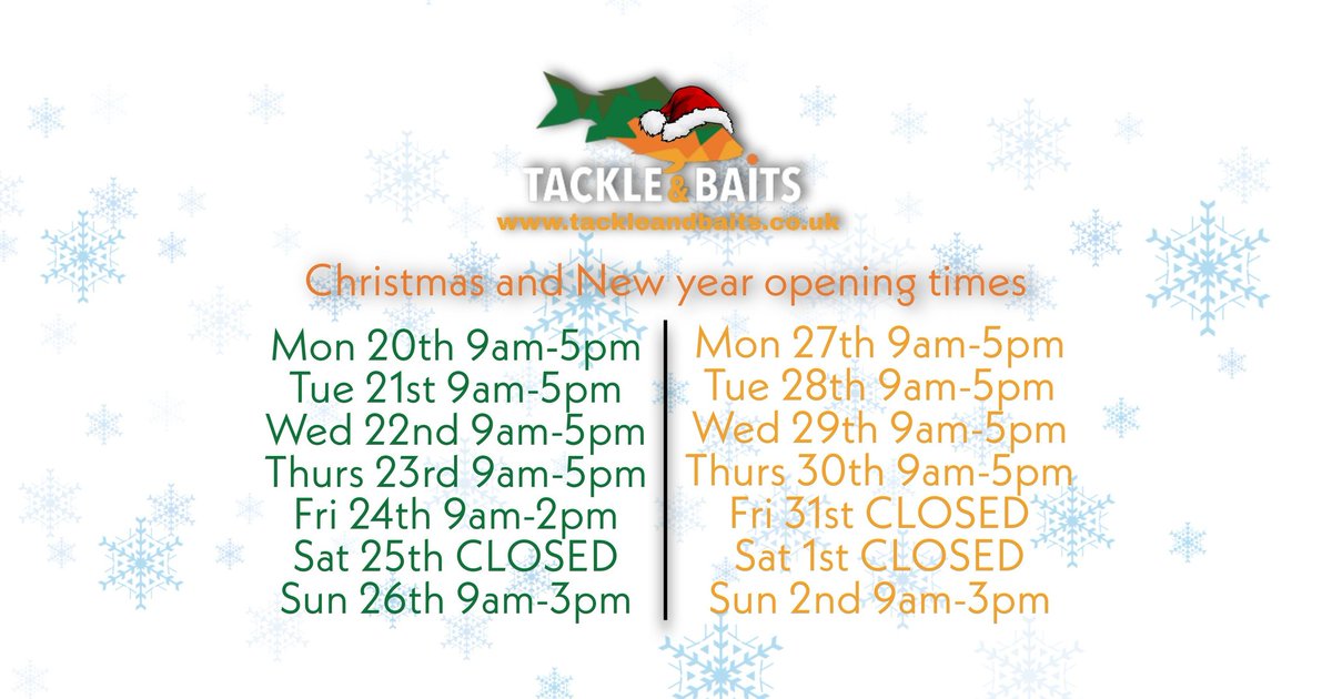 🎄🎄🎄🎄🎄🎄🎄🎄🎄🎄🎄🎄
Our Christmas and New year Opening times
🎅🎅🎅🎅🎅🎅🎅🎅🎅🎅🎅🎅

The lads hope you all have a great Christmas and a Happy New year, thank you all for your support throughout 2021!!!!
#fishing #fishingtackleshop #tackle #Bait #fishinglife #Christmas