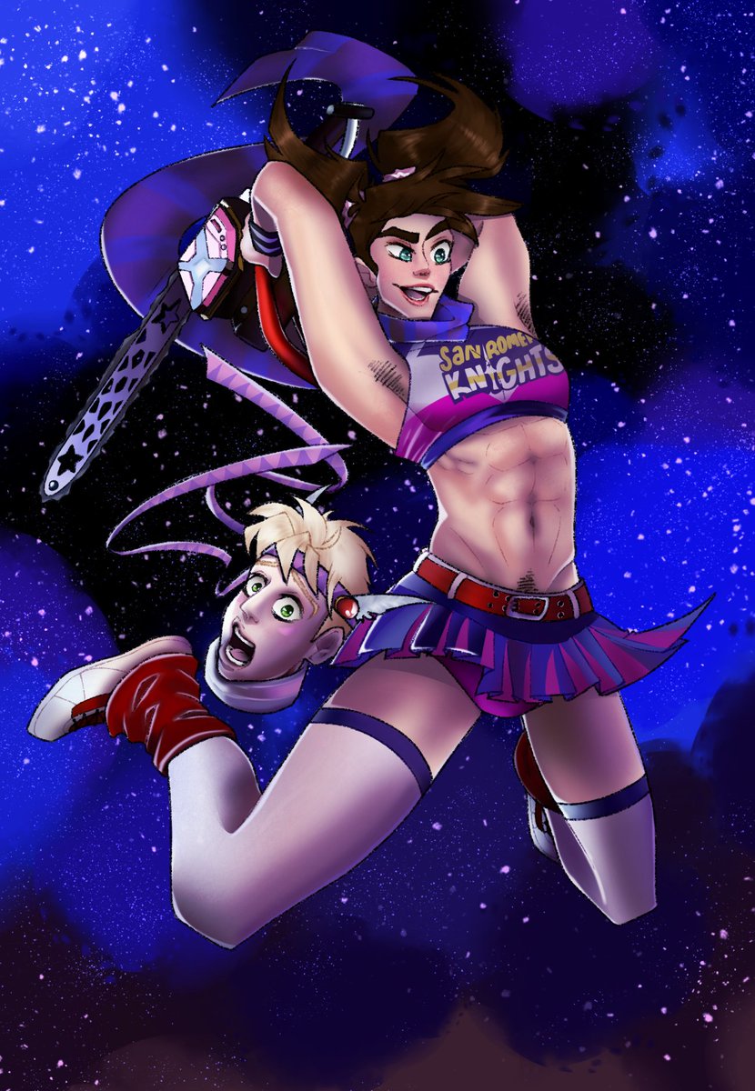 CosmicMouseArt's tweet photo. #CJCWeek2021 Late entry for day 5 - crossover. Anyone familiar with Lollipop Chainsaw? 
#caesarzeppeli #josephjoestar #jojosbizarreadventure https://t.co/y5NKyIq6FG