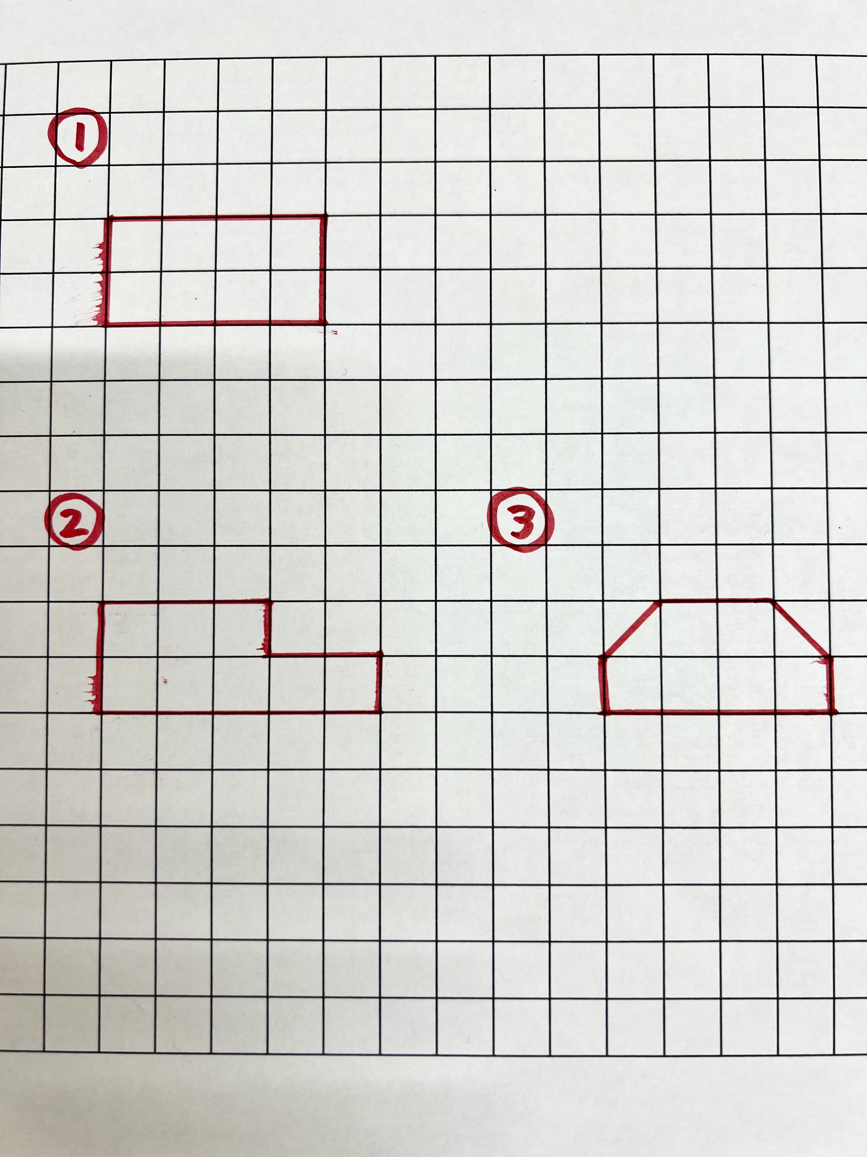 虹の風 学修館 小学4年生の算数 です 今学期の学習も終わり 今までならったことの復習の時間にしました 方眼用紙の3つの図形の面積を考えてもらいました は長方形の面積の公式 たて よこ ですね １cmの方眼です 生徒には伝えてあります