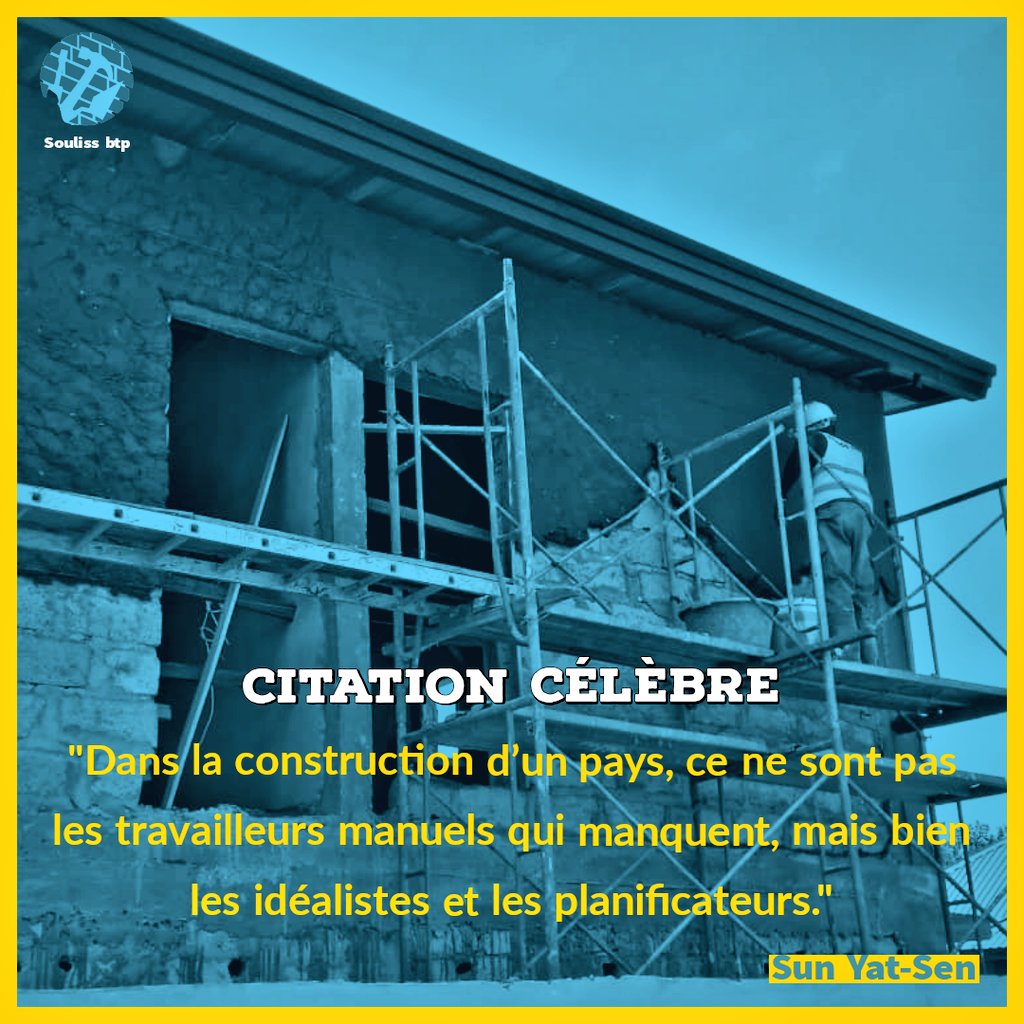 SoulissBtp's tweet photo. ✍🏽 Citation célèbre de Sun Yat-Sen
⬇️⬇️⬇️
"Dans la construction d'un pays, ce ne sont pas les travailleurs manuels qui manquent, mais bien les idéalistes et les planificateurs."
#soulissbtp #Guinee #MondayMotivation https://t.co/hSeHn7iH8p