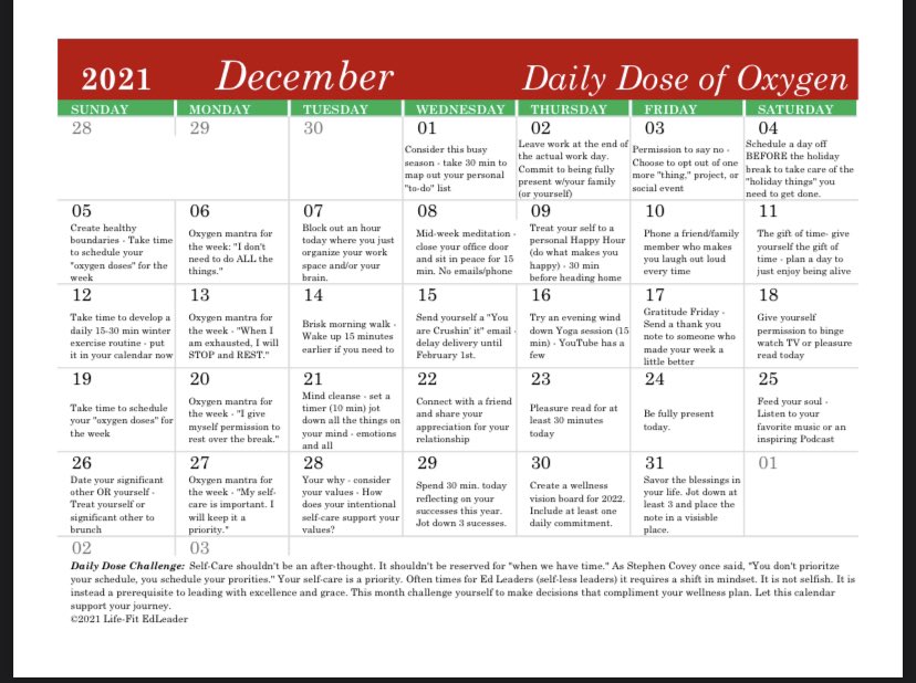 EdleaderLifefit's tweet photo. It can be a struggle for servant leaders or passionate leaders to give themselves permission to take a break and truly rest. Winter break is here for some &amp; on the horizon for others- give yourself permission to truly disconnect &amp; rest. #DailyDoseOfOxygen #LiveWellLeadWell https://t.co/MJW0THYBzR