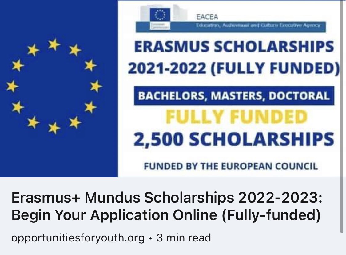 #Erasmus+ Mundus #Scholarships 2022-2023: Begin Your Application Online (Fully-funded) 

Apply ➡️ lnkd.in/dYtuZxF4

#highereducation #educationaladministration #toefl #ielts #tuition #universities #studentandstaffmobility #students #school #academicmobility #education