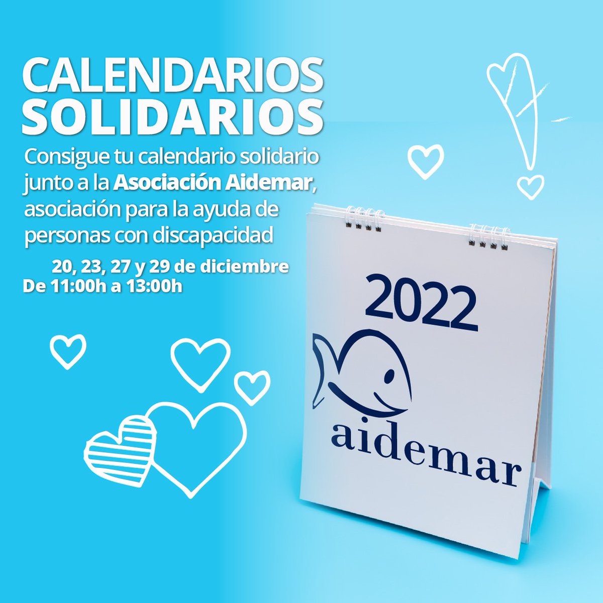 📆💙Durante los próximos días 20, 23, 27 y 29 de diciembre La Asociación Aidemar estará en nuestro centro comercial de 11:00h a 13:00h con sus calendarios solidarios.💙📆
✨