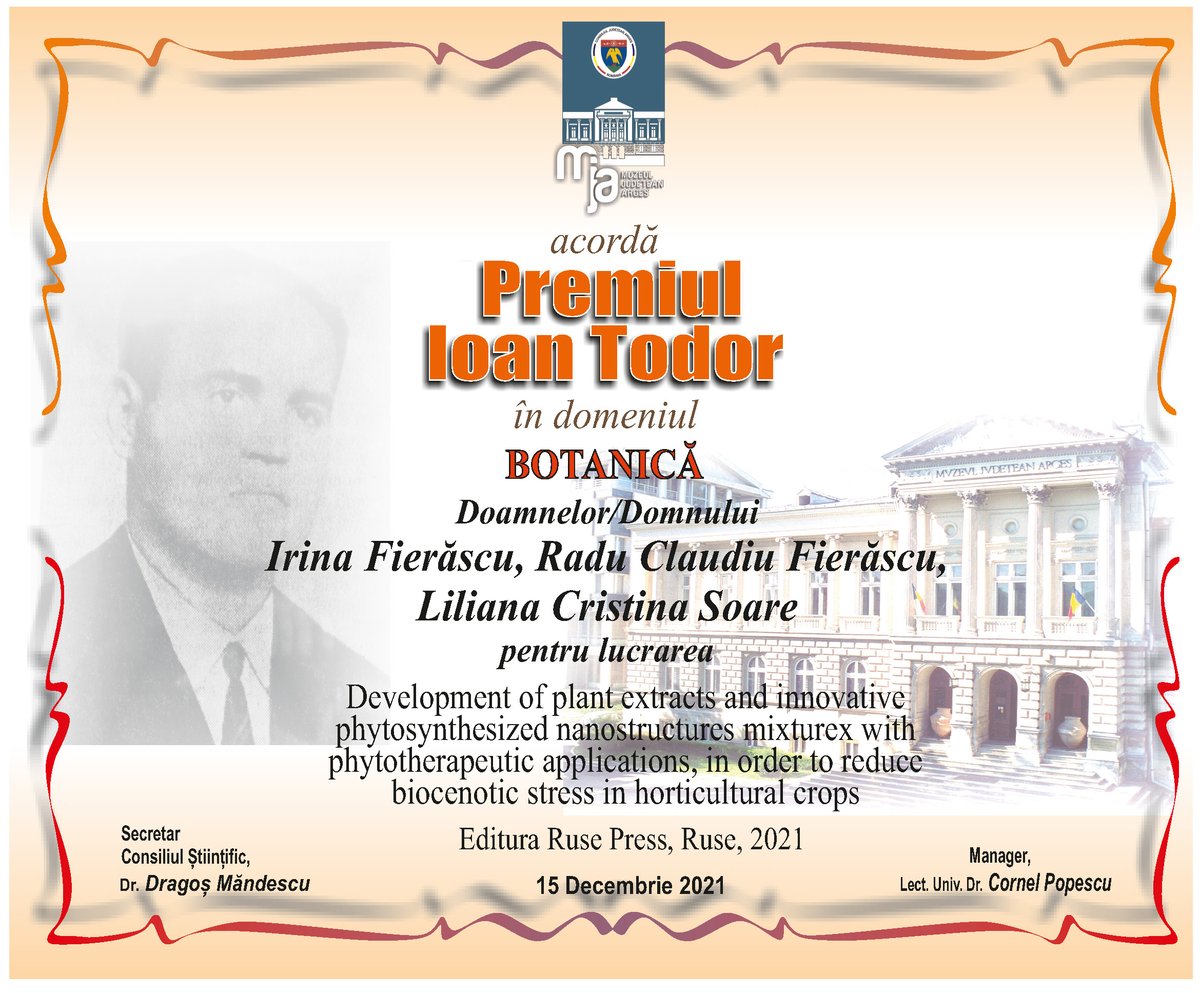 EmNanoICECHIM's tweet photo. The book "Development of plant extracts and innovative phytosynthesized nanostructures mixtures with phytotherapeutic applications, in order to reduce biocenotic stress in horticultural crops", was awarded the "Ion Todor" prize by the Arges County Museum!
#nanomaterials https://t.co/wRBLLVC4aJ