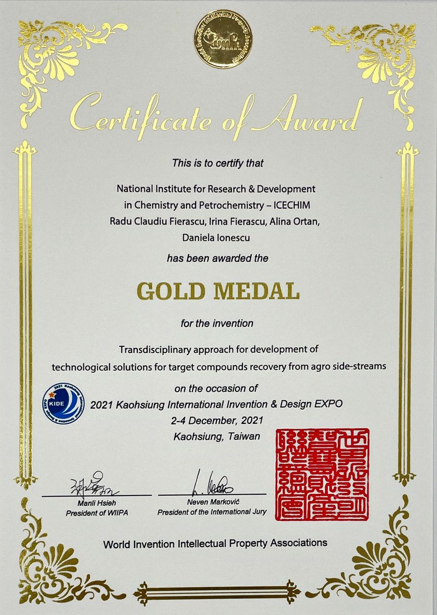 EmNanoICECHIM's tweet photo. Our group participated at the  "Kaohsiung International Design &amp; Invention Expo 2021 - KIDE 2021" (2-4 December 2021) with two research projects, awarded the gold, respectively silver medal of the meeting.
#research, #invention, #KIDE_2021, #naturalproducts, #nanomaterials https://t.co/RaLRognTo5