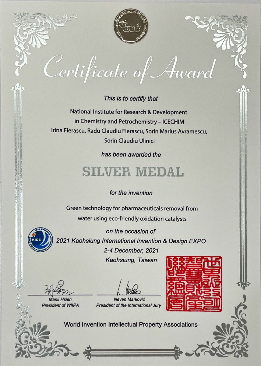 EmNanoICECHIM's tweet photo. Our group participated at the  "Kaohsiung International Design &amp; Invention Expo 2021 - KIDE 2021" (2-4 December 2021) with two research projects, awarded the gold, respectively silver medal of the meeting.
#research, #invention, #KIDE_2021, #naturalproducts, #nanomaterials https://t.co/RaLRognTo5