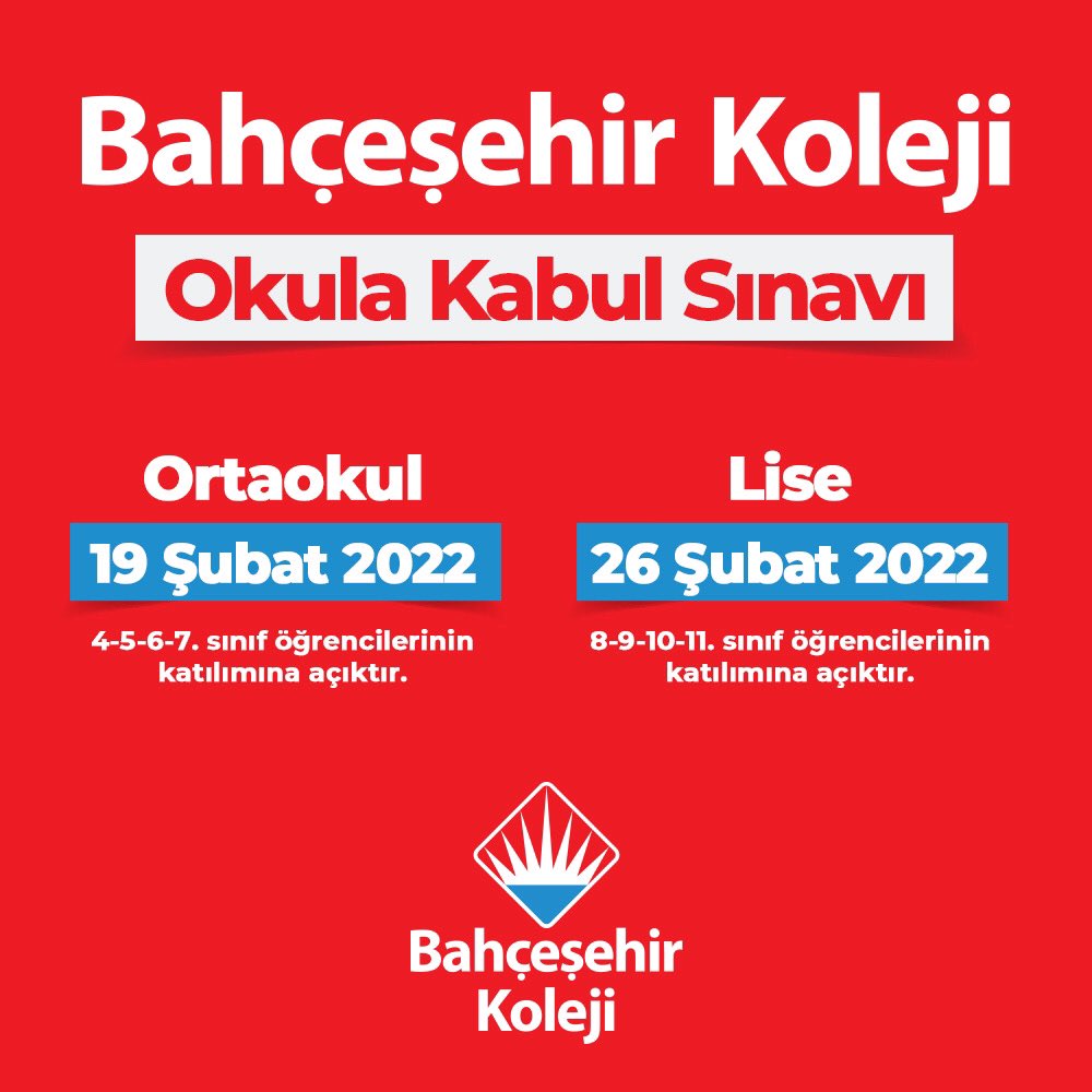 🎯Hayal ettiğin geleceğe doğru yerden başlamak #SeninTercihin

Bahçeşehir Koleji “Okula Kabul Sınavı”Başvuruları Başladı!

👉 bahcesehir.k12.tr’den online olarak ön kayıt yaptırabilirsiniz.

👉Detaylı bilgi ve kayıt için size en yakın kampüsümüzle iletişime geçebilirsiniz.