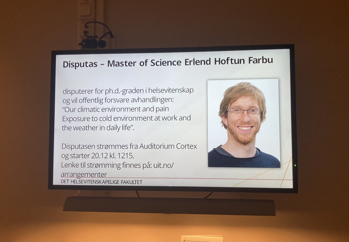 ACHoper1's tweet photo. Stay tuned for @UiTNorgesarktis #arbeidshelseinord PhD candidate Erlend H Farbu who will defend his thesis, talking about #workinthecold , #weather and #musculoskeletalpain  https://t.co/Utqc1R4W3U https://t.co/cykO5YaIyM