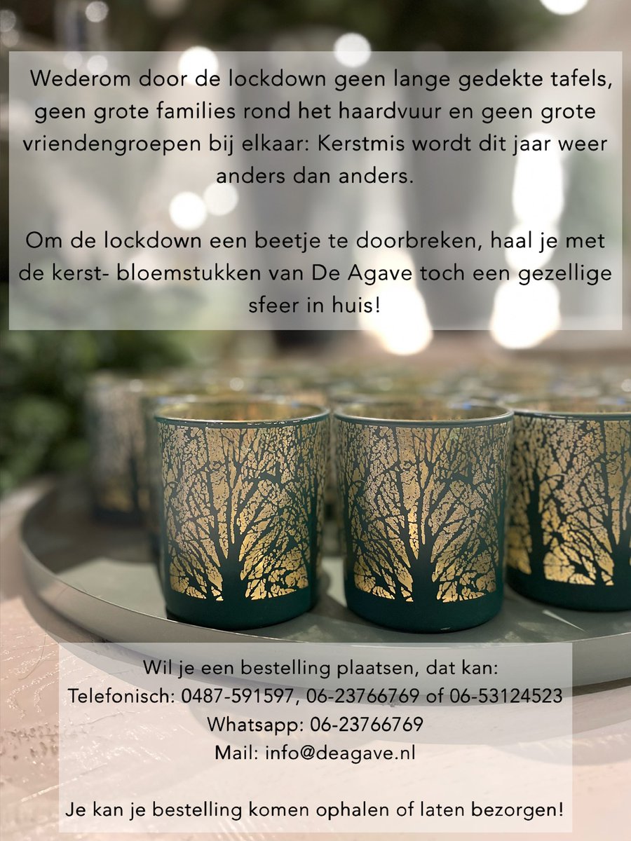 Wil je een bestelling plaatsen, dat kan:
Telefonisch: 0487-591597, 06-23766769 of  06-53124523 
Whatsapp: 06-23766769
Mail: info@deagave.nl 

Uiteraard zijn wij vandaag al bereikbaar!
Je kan je bestelling komen ophalen of laten bezorgen!