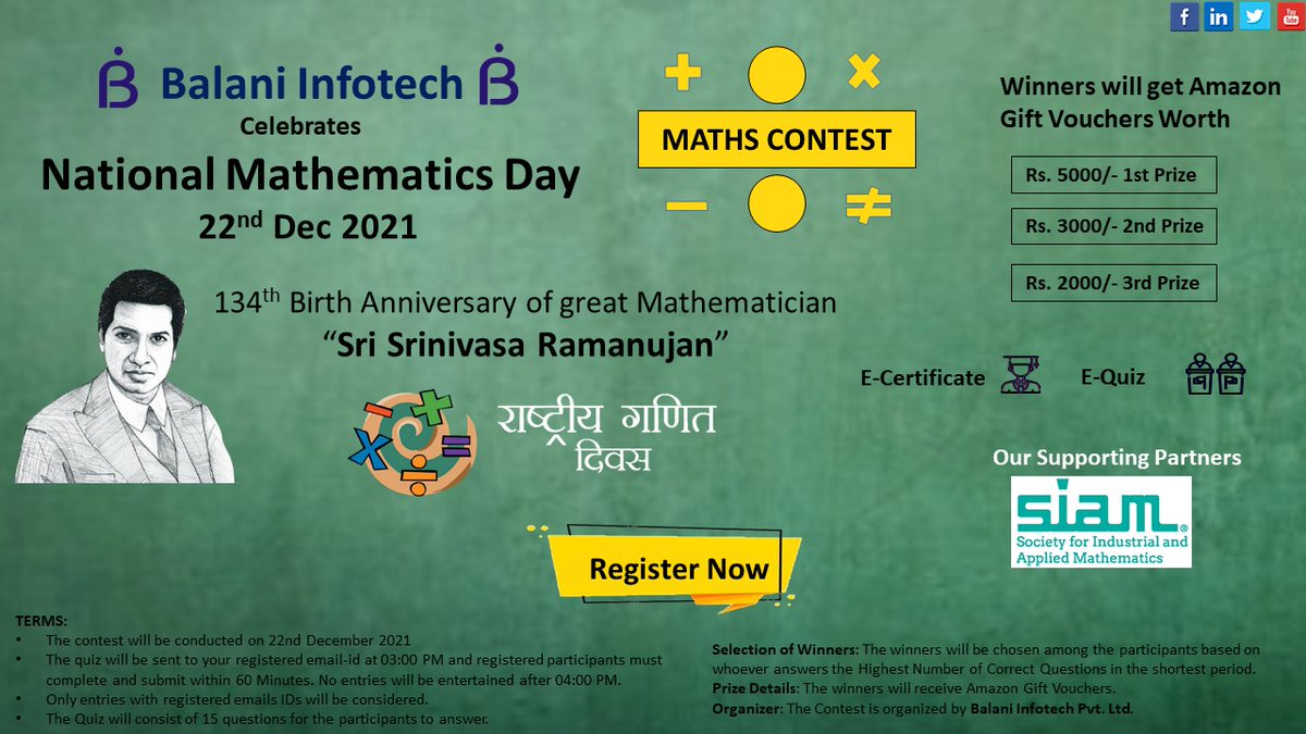 balaniinfotech's tweet photo. Balani Infotech is delighted to announce that we are #celebrating National Mathematics Day.
If you like math and like solving tough problems register now-  https://t.co/mTs4EbqeBa

#balaniinfotech #mathematics #spreadinginfo #NationalMathematicsDay #mathproblems #mathisfun https://t.co/DzEEDQi0XK