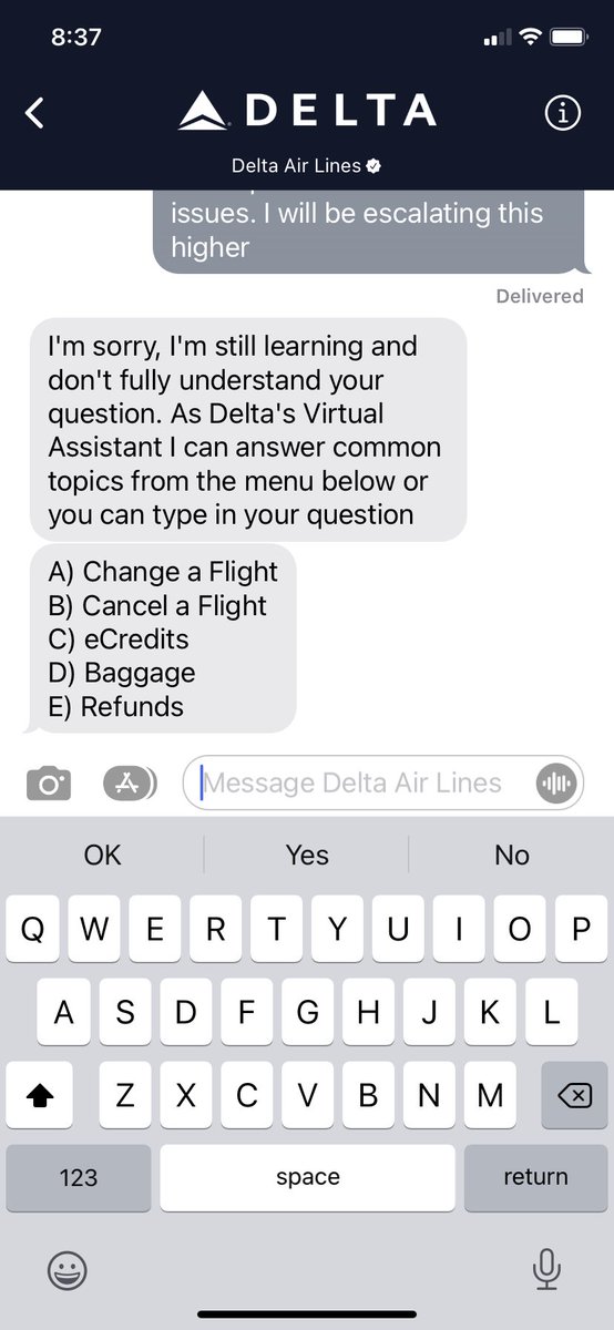 timcrock's tweet photo. #worst experience ever with ⁦@Delta⁩ what was a simple baggage delay turned into a frustrating mess with an inability to get clear and truthful answers from an airline that doesn’t really care #disappointed https://t.co/kKl1lAcECf