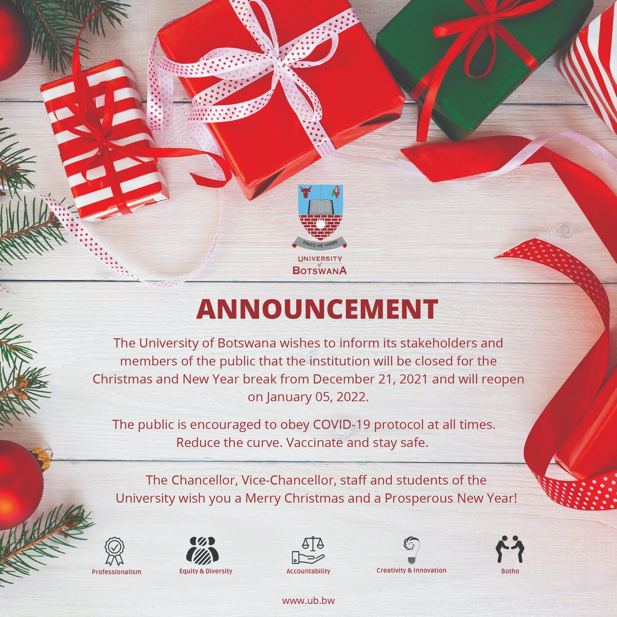 Vice Christmas 2022 تويتر \ University Of Botswana Official On Twitter: "#Announcement The  University Of Botswana Wishes To Inform Its Stakeholders And Members Of The  Public That The Institution Will Be Closed For The Christmas