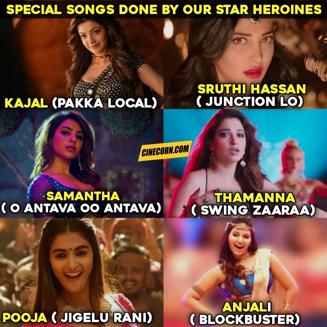 MBNaveen3's tweet photo. SPECIAL SONGS DONE BY OUR STAR HEROINES 
1. #KajalAggarwal _ (#Pakkalocal )
2. #SruthiHassan _ (#Junctionlo )
3.#Samantha _ ( #OAntavaooAntava)
5 #Thamanna _ (#SwingZaara )
6. #PoojaHegde _(#JigeluRani )
7.#Anjali _ (#Blockbuster )
What Your Fav Song 👇 https://t.co/zqyXHcyitZ