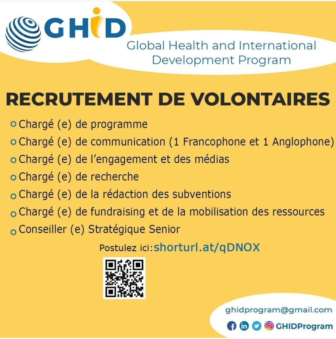 GHIDProgram's tweet photo. GHID Recrute !
Joignez une equipe talentueuse et internationale de volontaires travaillant sur la sante globale, le genre et le developpement international 
 #hiring 
https://t.co/ubUmB3QOPA https://t.co/cYs9ynmq1q