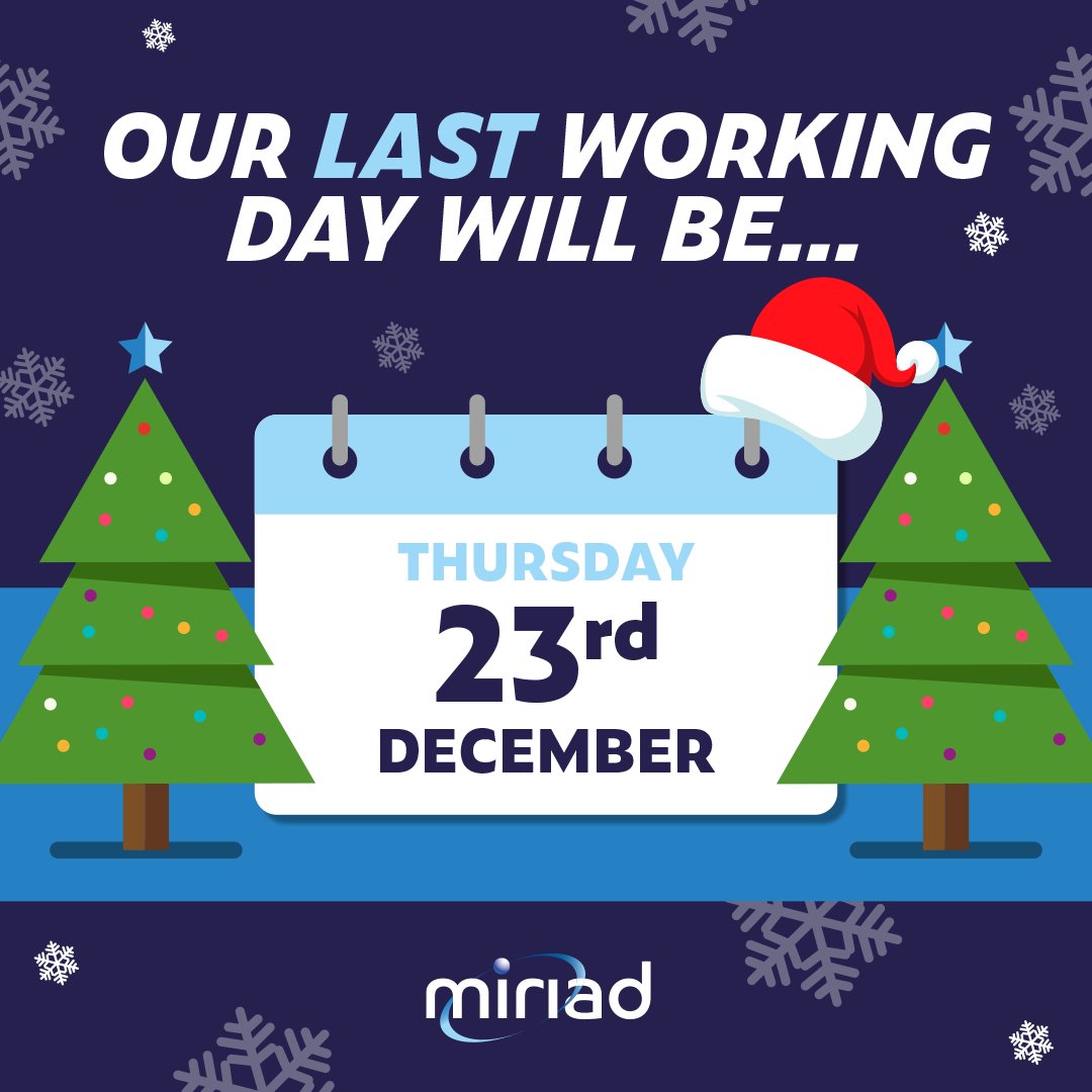 Please view our Christmas opening times and last dispatch dates here 👇

22nd Dec last date for dispatches
23rd Dec last working day
4th Jan re-open for business

#christmasopeninghours #festiveseason #miriad
