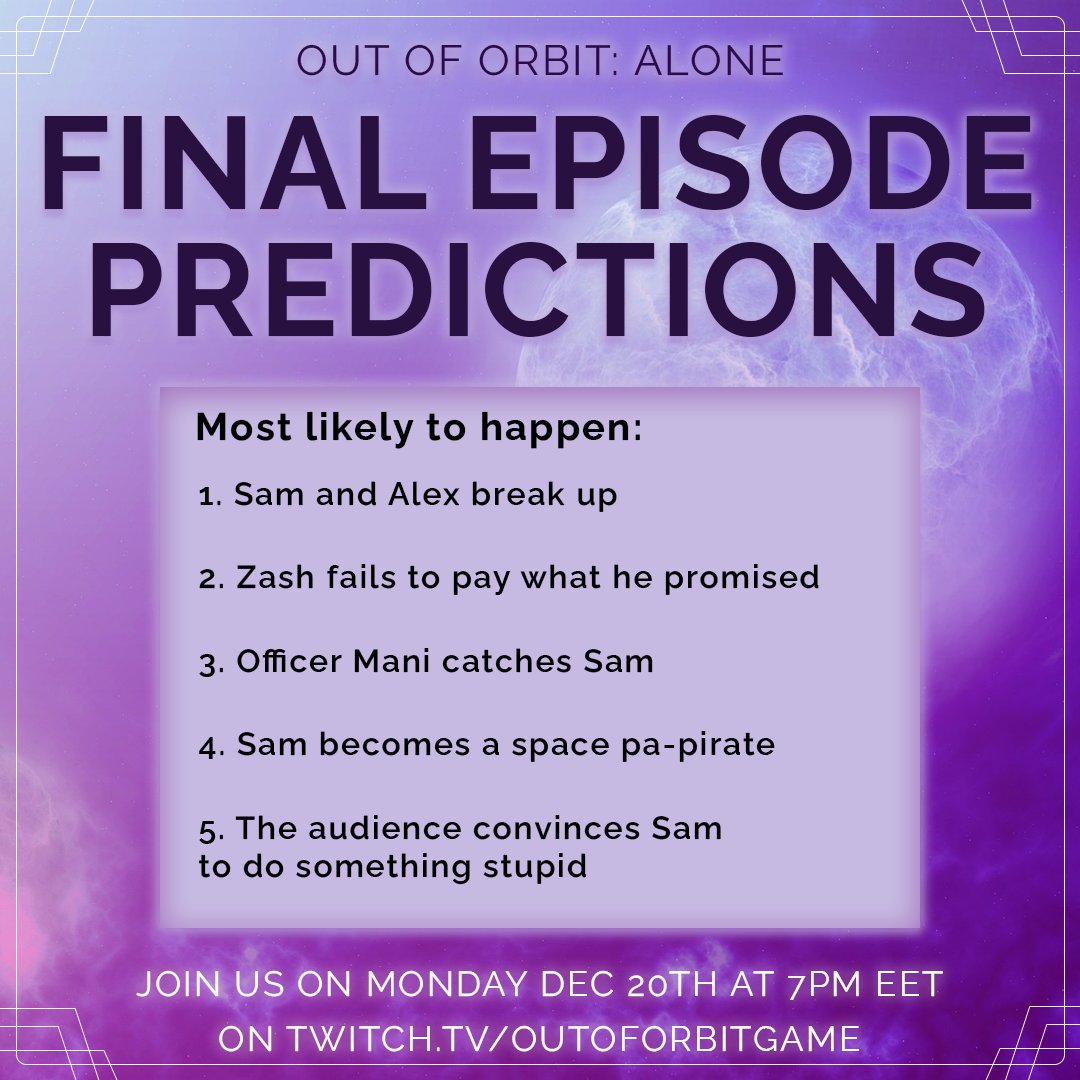 beyondplayfi's tweet photo. Tonight at 7PM (EET) - the finale of Out of Orbit: ALONE, and it’s a nail-biter for sure. Join your fellow RASOS staff in the chat of our Twitch channel, Outoforbitgame, to ensure Sam safely gets where he needs to go!
#outoforbitalone #scifi #space #twitch #stream #streaming https://t.co/y0vjIVwVfE