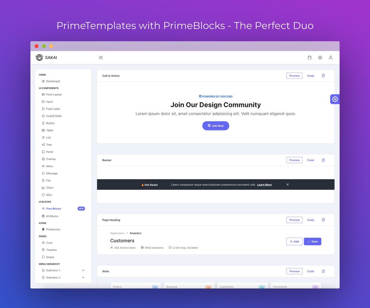 primevue's tweet photo. PrimeVue Admin Templates and
PrimeBlocks are the Perfect Duo. Sakai 3.3.0 is out now with new PrimeBlocks demos. #vuejs

https://t.co/A5U4c5EUnT https://t.co/YRiw37WD6N