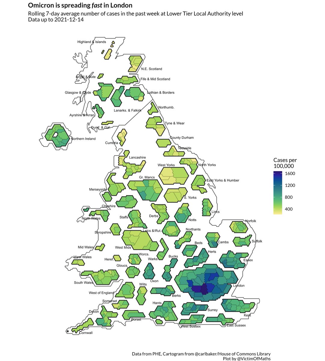 VictimOfMaths's tweet photo. Omicron was seeded in central Scotland at around the same time as London (seemingly). So why are cases in London *so* much higher than, say, Glasgow? https://t.co/jJKDzeR7dN
