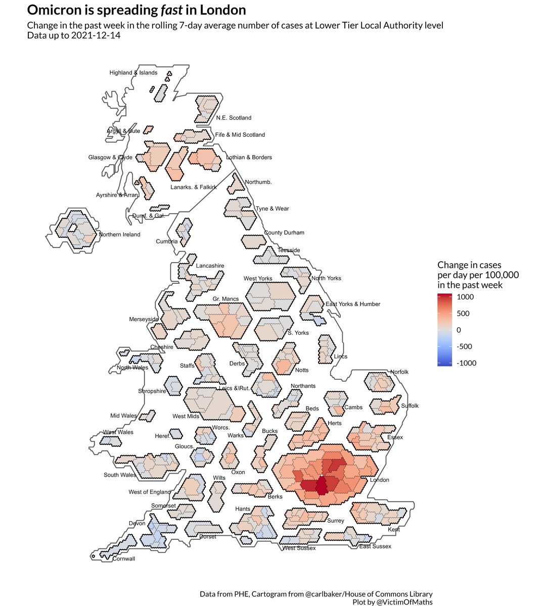 VictimOfMaths's tweet photo. Omicron was seeded in central Scotland at around the same time as London (seemingly). So why are cases in London *so* much higher than, say, Glasgow? https://t.co/jJKDzeR7dN