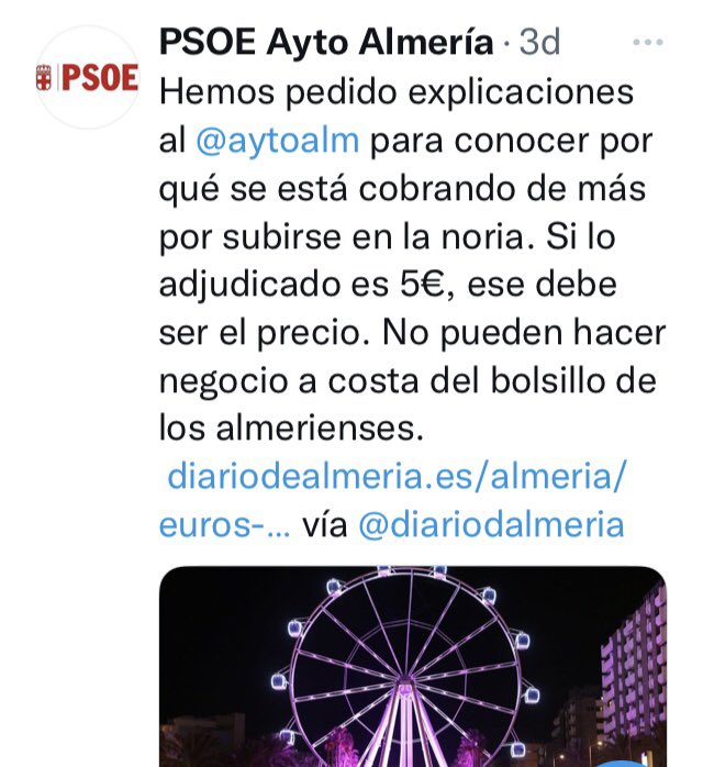 LouBrean's tweet photo. ¿7,50 € por viaje en la noria? 🎡 💶 ¿Pero esto qué es, Juan Espadas? ¿El Ayuntamiento de Sevilla haciendo negocio a costa del bolsillo de los sevillanos? 😱  @PSOEAlmeria https://t.co/42IEm78Pou