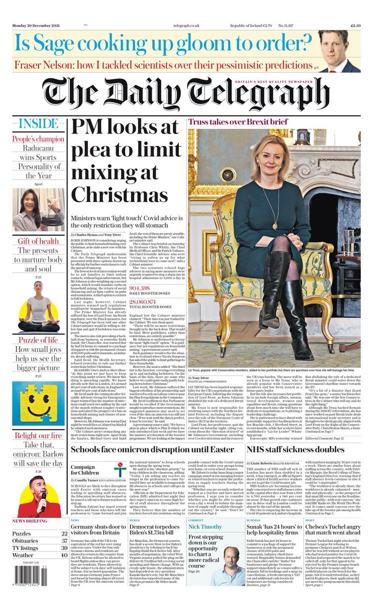 wesstreeting's tweet photo. Itโs clear from the front page of the Telegraph that the PM has been given three options for new health measures.
He need to stop dithering, publish the evidence, decide on a plan, and tell the country what Christmas and beyond looks like. Families and businesses need to plan. https://t.co/MHqlgGinao