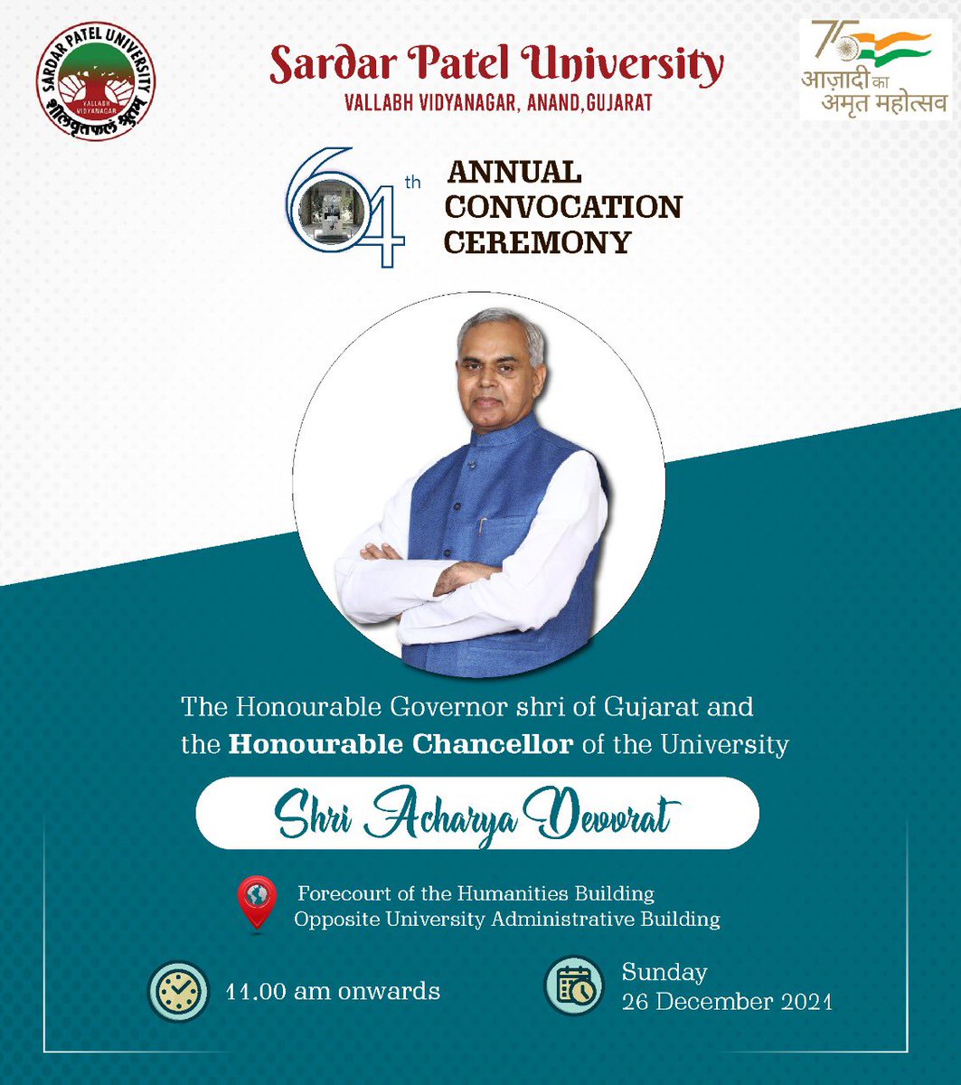 spunivgujarat's tweet photo. At SPU's 64th Annual Convocation Ceremony, the honourable Governor Shri of Gujarat and the Honourable Chancellor of the university,Shri Acharya Devvrat, will be addressing our students.
#64SPUConvocation #64thConvocation #SPU #SPUofficial  #SPUpride #SPUniversity #SPUnews https://t.co/aTyq9sST9b