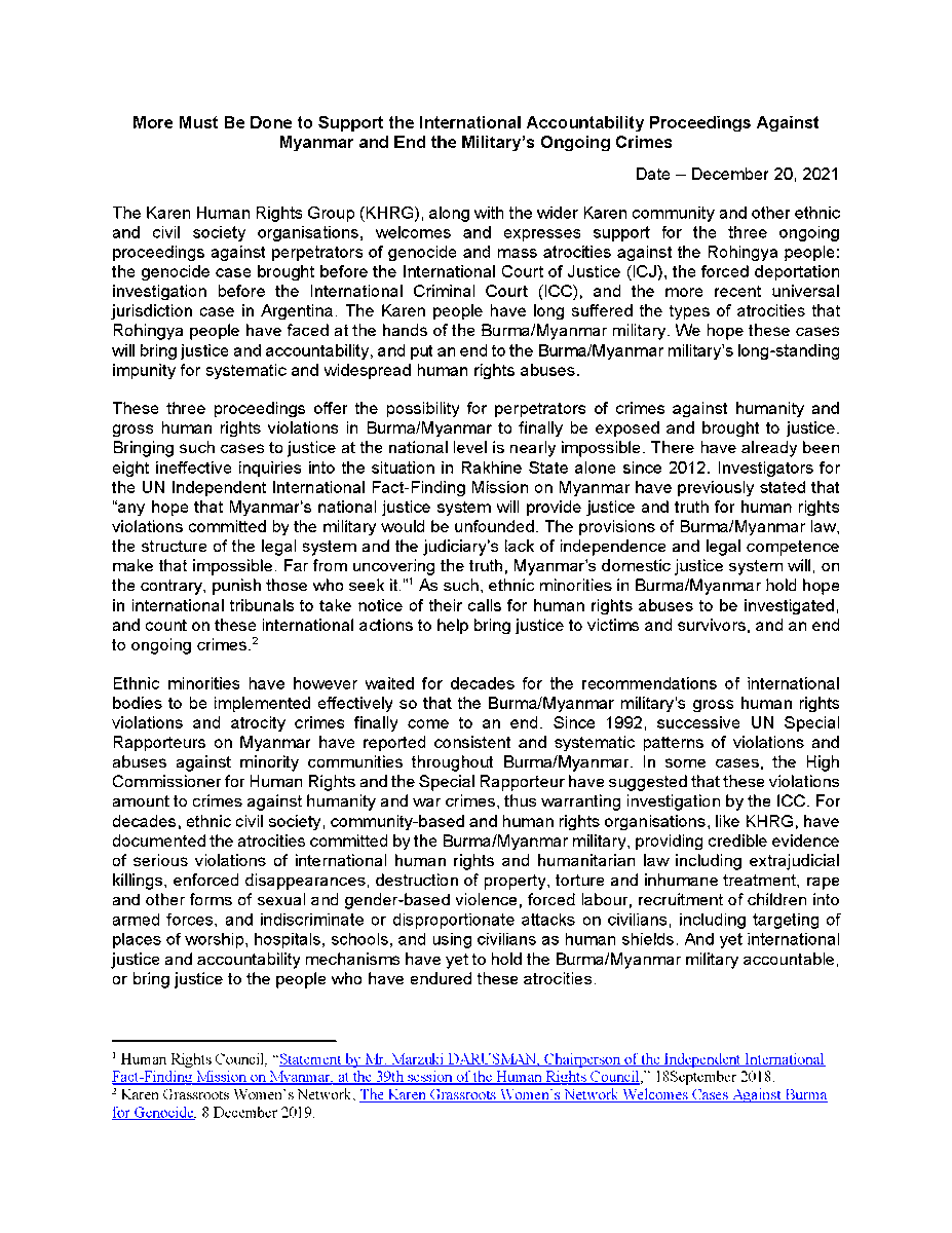 khrg's tweet photo. KHRG and its 89 co-signatories welcome and express support for proceedings against perpetrators of genocide and mass atrocities against the Rohingya people at the ICJ, the ICC, and the Argentine courts. Read our full statement below.
https://t.co/MTESid5nBZ https://t.co/iLQLxi6G8a