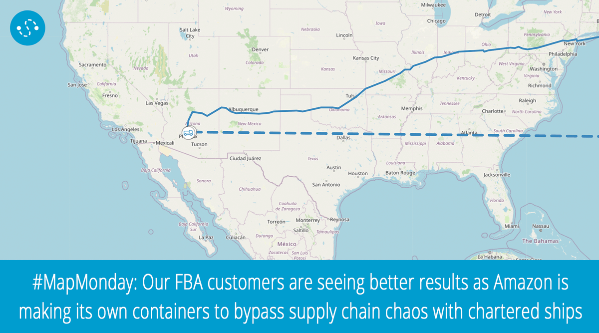 shipitto's tweet photo. It's #MapMonday again - our FBA customers are seeing better results as Amazon is making its own containers to bypass supply chain chaos with chartered ships - see @KATIESCHOOLOV's analysis: https://t.co/63IXeJK0fC

Start taking control of your #SupplyChain!
#Logistics #Cargo https://t.co/GJtyJbucUX