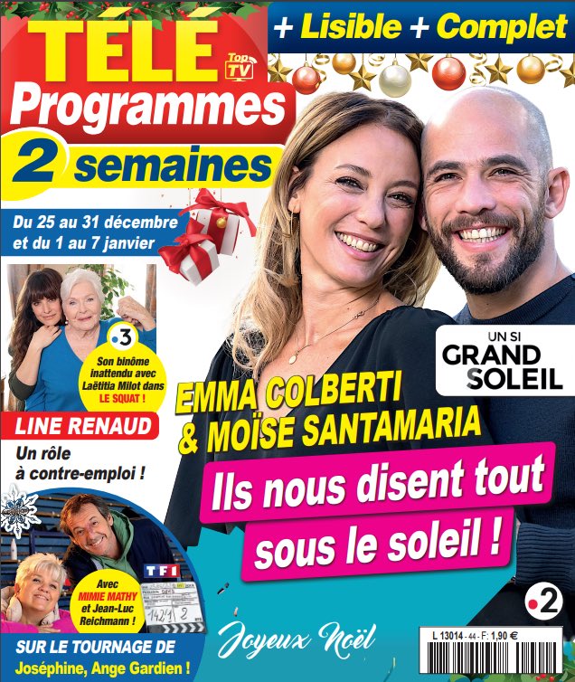 francetvpro's tweet photo. En couverture cette semaine du magazine #TeleProgrammes2Semaines #EmmaColberti #MoïseSantamaria @UnSiGrandSoleil @France2tv #Eve #Manu #Couple
Merci #PatrickWeiss
Retrouvez #UnSiGrandSoleil du lundi au vendredi à 20h45 et ce samedi 25 décembre 🎄☀️#Création #FranceTvStudio https://t.co/FhR3BPA4z6