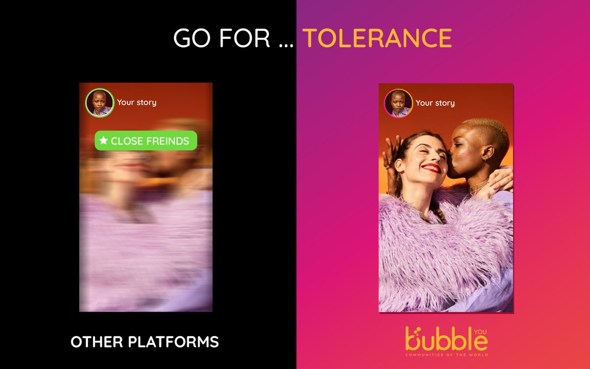 Bubble_Platform's tweet photo. When other platforms are producing homogeneity standardization...We welcome #diversity 🦄.

BubbleYou is an innovative #platform that allows you to gather your #community members in a 💯% #safe and #secure environment 🛡. #Go4Trust
Go for #Tolerance...
▶️ https://t.co/RYFZcmR2pM https://t.co/LpgHy38oNl