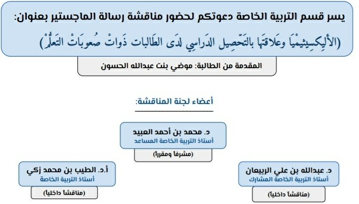 Dr_Alobaidm's tweet photo. ابارك للطالبة موضي الحسون اجتيازها مناقشة رسالة الماجستير في مجال صعوبات التعلم

اسأل الله ان تكون عونا لك على الطاعة والتوفيق https://t.co/2G3zkdHKXF