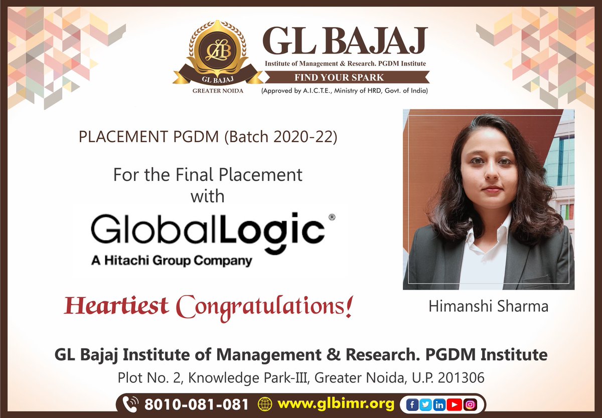 glbajajimr's tweet photo. GL Bajaj Institute of Management &amp; Research. PGDM Institute, Greater Noida congratulates Ms. Himanshi Sharma of PGDM Batch (2020-22) for her final placement in GlobalLogic India Pvt. Ltd.

#GLBajaj #GLBajajInstitute #GLBIMR #PGDM #glbajajplacement #PGDMPlacements #Congratulations https://t.co/AE60zIPUNV