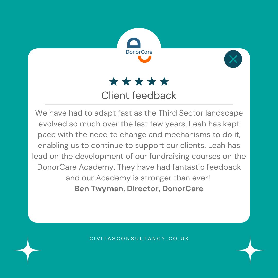 civitas_consult's tweet photo. Thanks to the team at @DonorCareTweets for some great feedback! ⭐🤩

Want to know more about the courses I have created for Donorcare? Take a look at https://t.co/EFzf42S6s8 https://t.co/d1KYc0pXtR