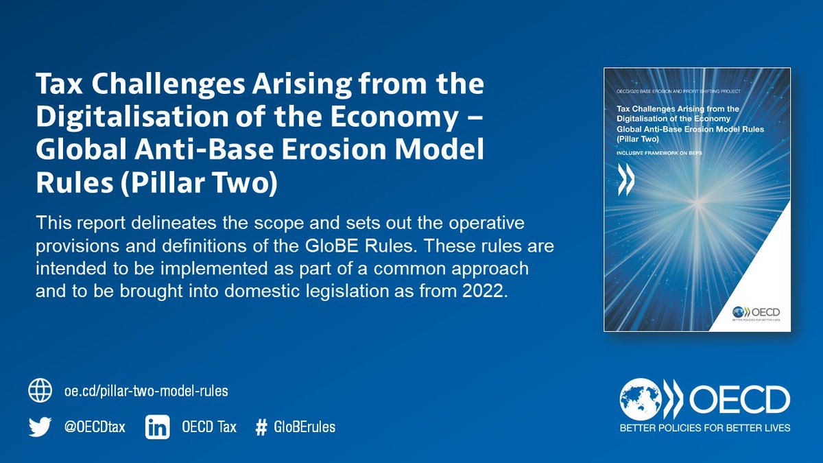 OECDtax's tweet photo. 📢 [OUT NOW] OECD releases Pillar Two model rules for domestic implementation of 15% global minimum tax.

📘🔍🗞️ Access the report, background material &amp; press release ➡️ https://t.co/u9320a7oPr

#GloBErules #GlobalTaxDeal #PillarTwo https://t.co/KMmqe5swg0