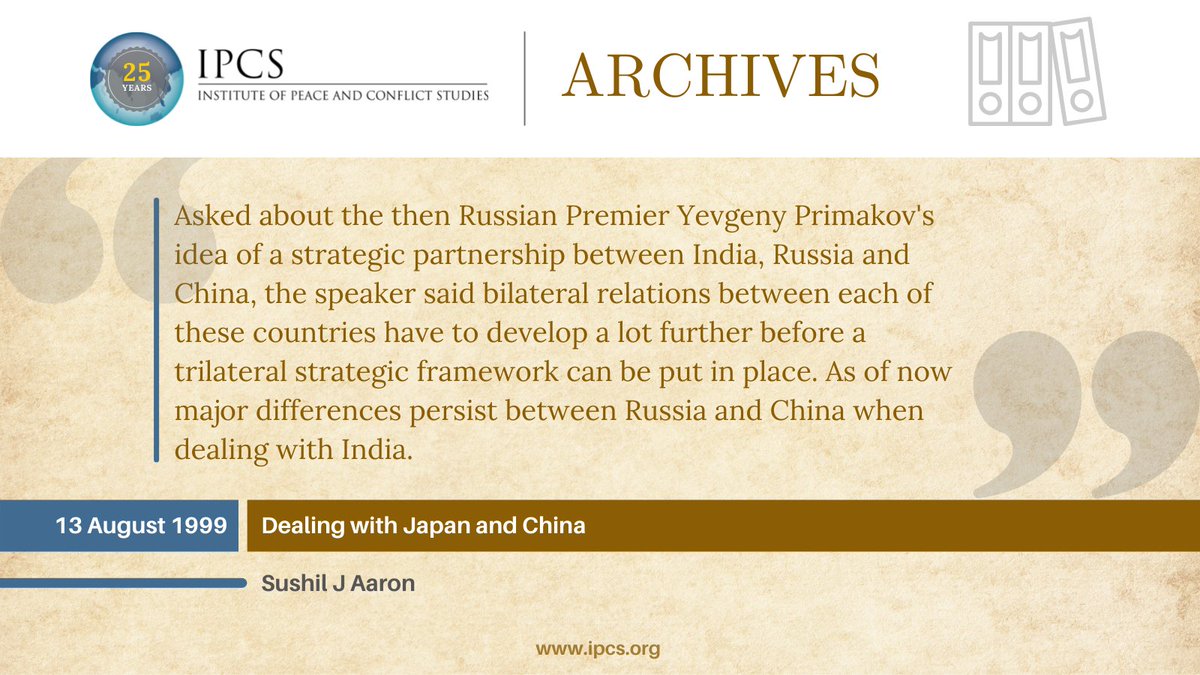 IPCSNewDelhi's tweet photo. #IPCSArchives | Sushil J Aaron's 1999 report of an IPCS Friday Group Seminar on #India's relations with #Japan and #China.
Read: https://t.co/awLbkaVjp2 https://t.co/GuXHodtpUk