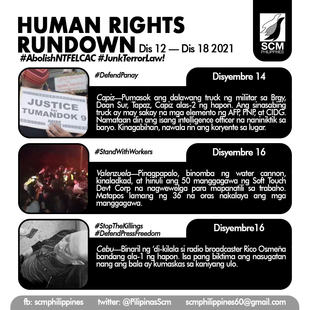 SCMPhilippines's tweet photo. HUMAN RIGHTS RUNDOWN
Disyembre 12 — Disyembre 18 2021
#JunkTerrorLaw #AbolishNTFELCAC
#StandWithWorkers
#StopTheKillings #DefendPressFreedom
#DefendPanay
https://t.co/wGmuVZ3GdD https://t.co/e557LUaadN